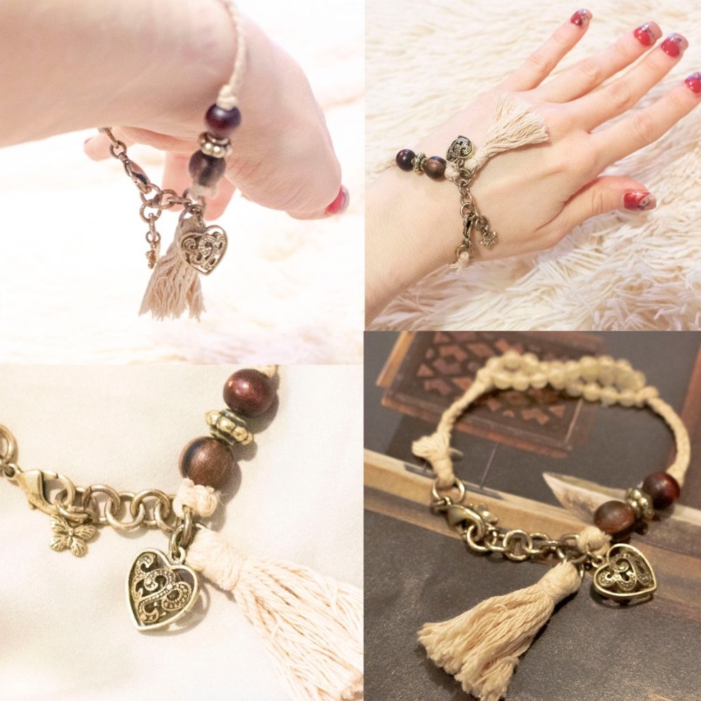 Boutique Natural Rope Bronze Charm Heart Butterfly Bohemian Wood Bead Bracelet - Picture 9 of 12